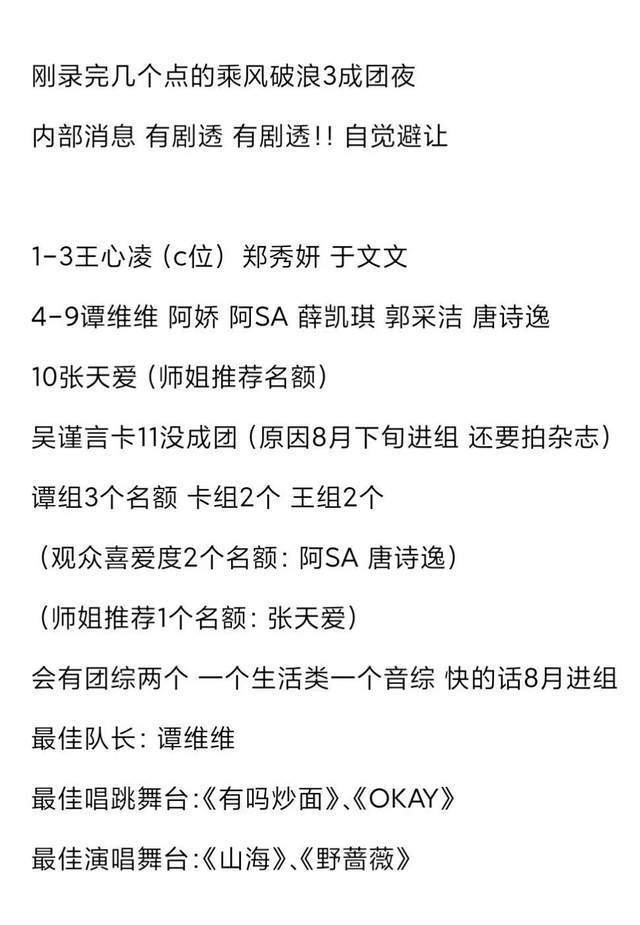 网传《乘风破浪》总决赛录制结束，成团名单出炉，王心凌C位出道