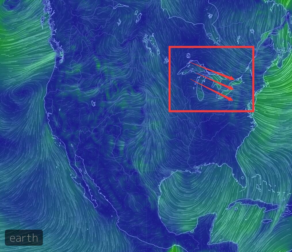 紅框內為美國五大湖地區的風向旗子被吹的角度但是五大湖地區依舊地域